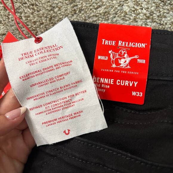 TRUE RELIGION Women's Jennie Mid Rise Curvy Skinny Pants Size 33 In Black - Picture 3 of 13